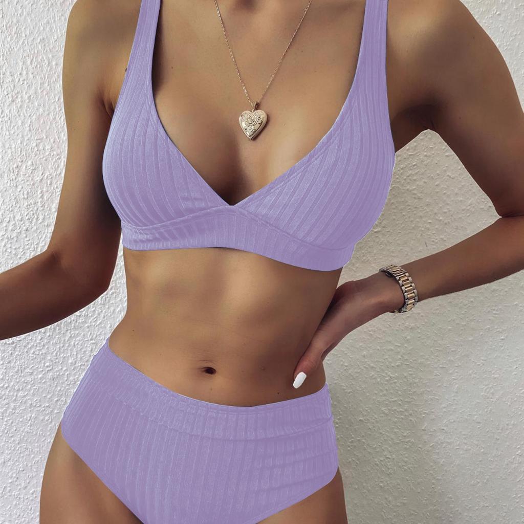 Women's Sexy V-neck Pit Striped Bikini High Waist Split Swimsuit 10 Colors
