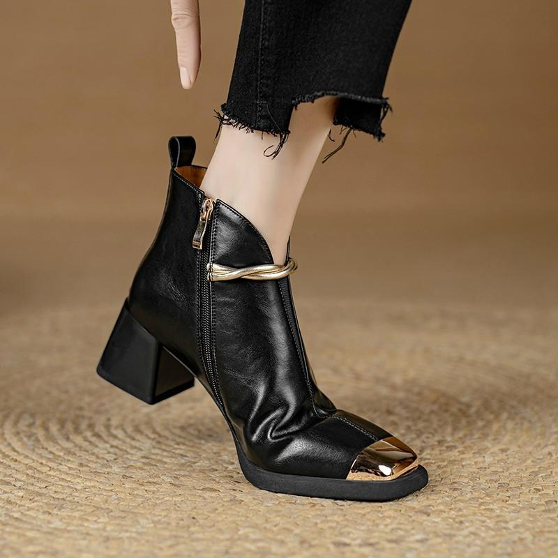 Block Heel Single Boots Autumn New Metal Pointed Toe Pearl Buckle Side Zip Non-Slip Naked Boots