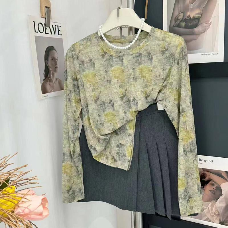 Women S Long Sleeve Round Neck Thin Printed Tie Dye Knit Base Top