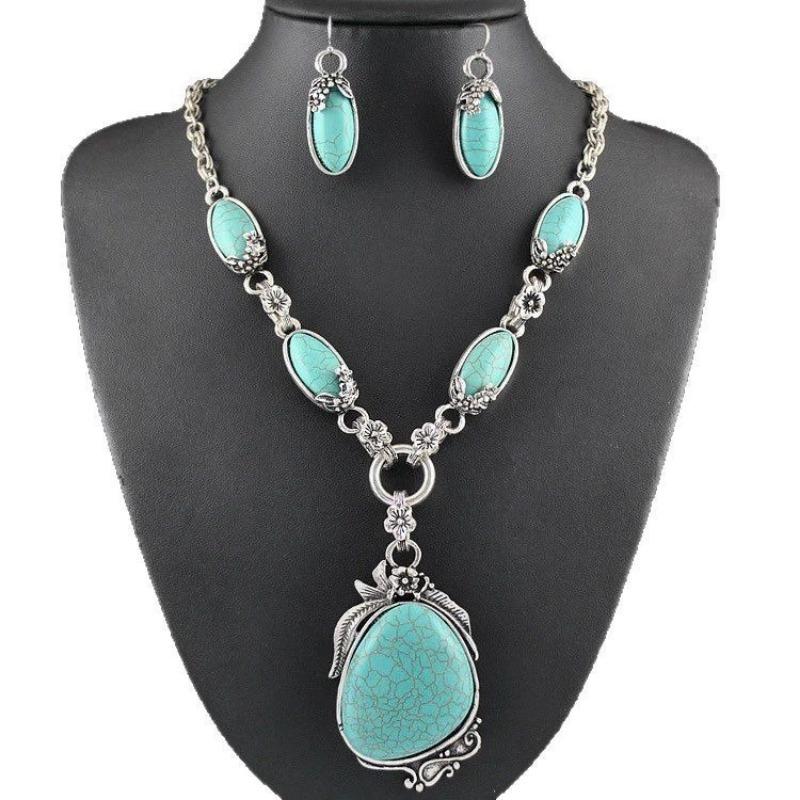 Retro Bohemian Style Synthetic Turquoise Necklace Earring Set Fashionable Personalized Jewelry Gift