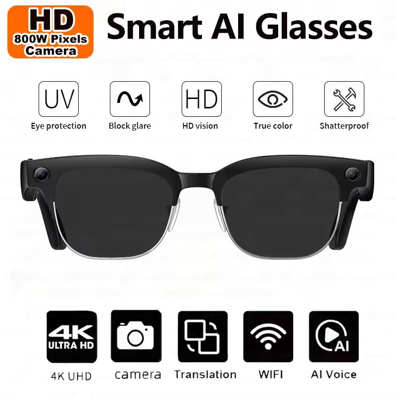 8K HD Умные очки с ИИ для мужчин с Chat GPT, 800 МП Камера, Bluetooth Звонки, ИИ Перевод, Голосовой Помощник, Управление, Унисекс Солнцезащитные