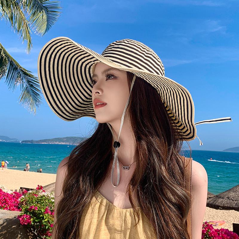 Летняя полосатая шляпа от солнца с широкими полями для женщин, повседневная, для защиты от солнца и воздухопроницаемая