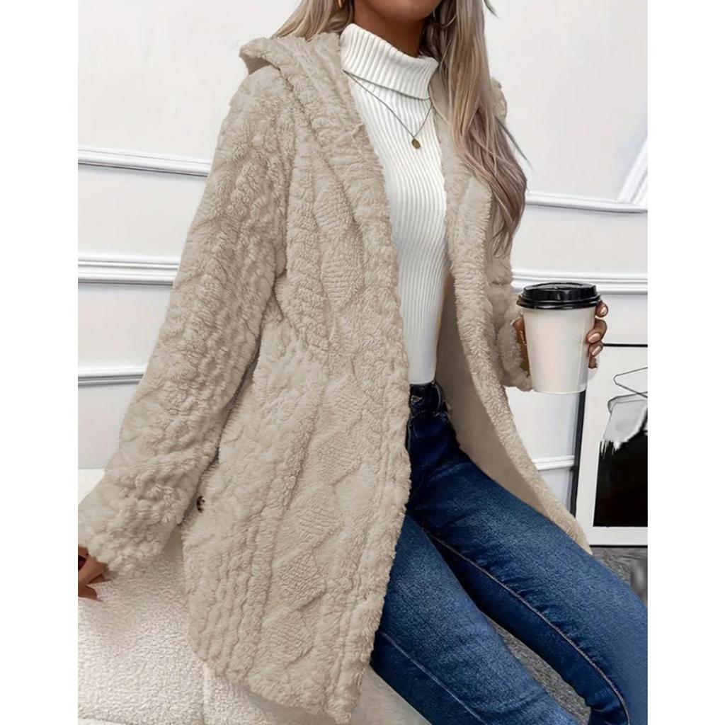 Hooded Solid Color Cardigan Button Up Long Sleeved Casual Fleece Jacket