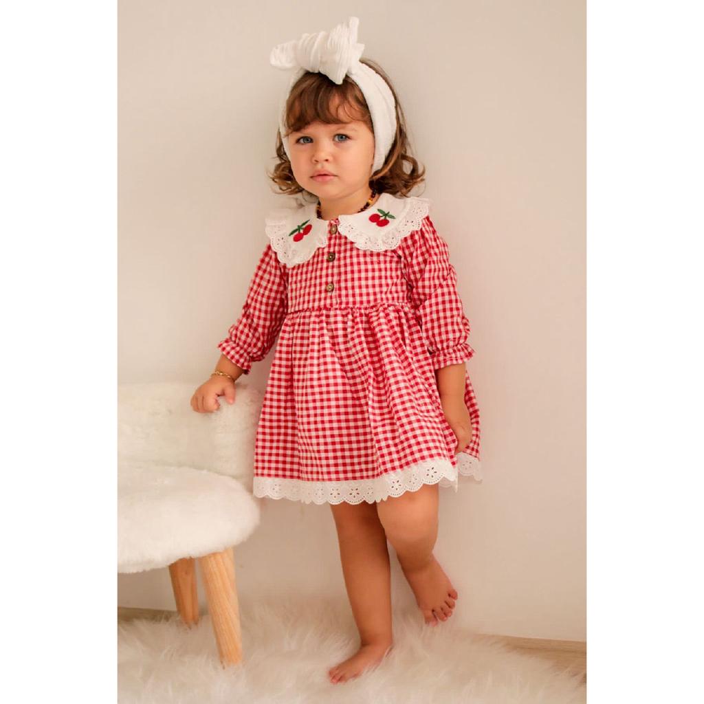 Baby Girl Red White Gingham Cherry Embroidered Ruffle Collar Dress
