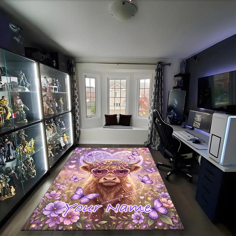 1PC Custom Name Heart, Cow, Flowers, Butterflies Theme Floor Mat Ideal for Living Room, Game Rooms, Office, Bedroom,Floor Mat Playful Design