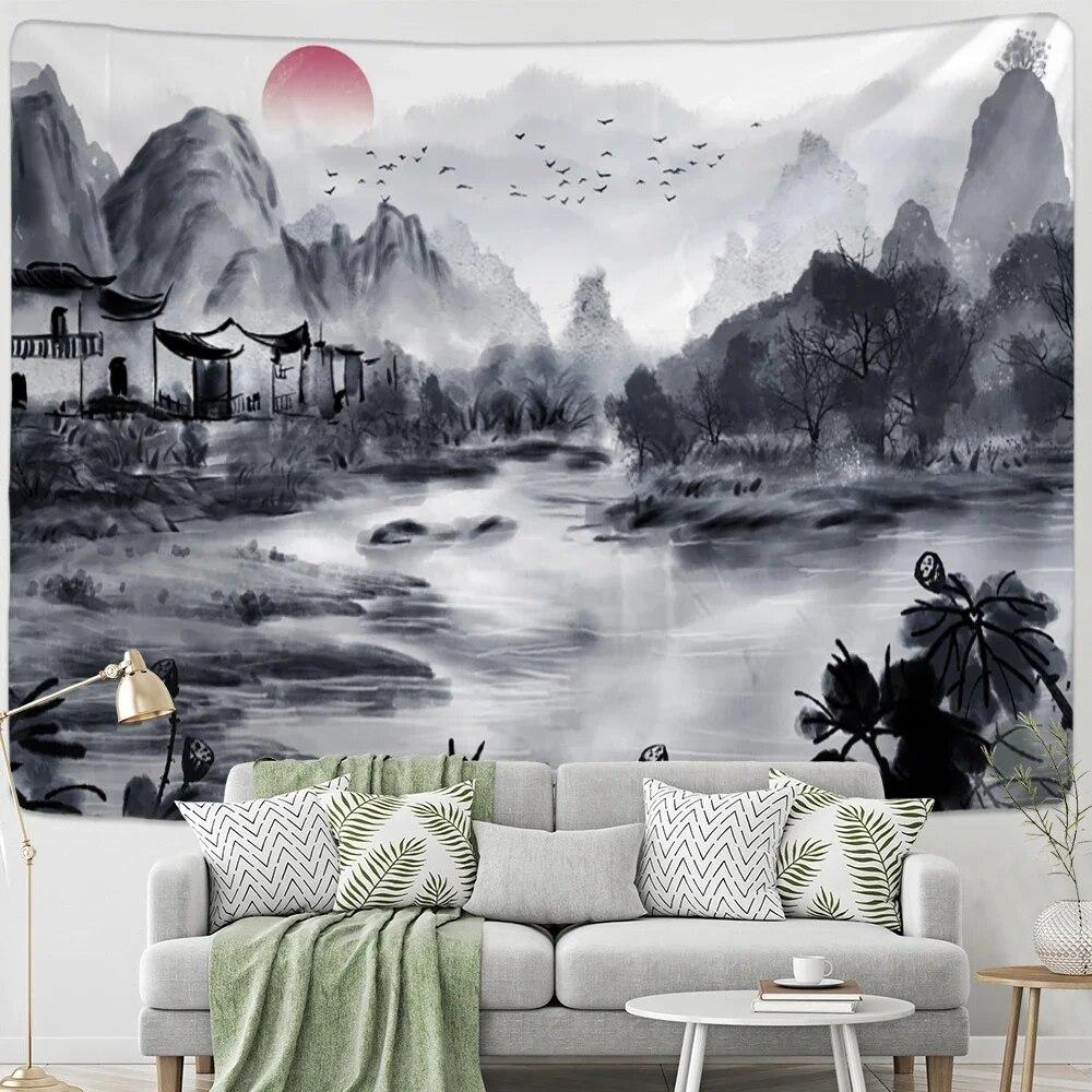 Chinese Lotus Tapestry Wall Hanging Psychedelic Hippie Bohemian Style Art Painting Bedroom Living Room Home Decor