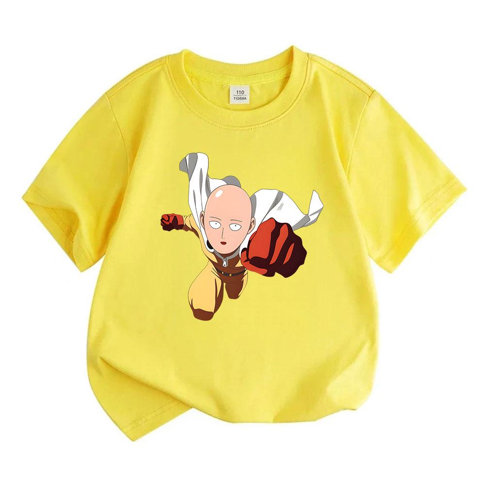 Kids Boys Girls 100% Cotton Crew Neck Short Sleeve T-Shirt, Cute Anime Bald Hero Print Casual Comfortable Tee for Daily Wear Outdoor Activity