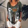 Summer V-neck 3D Cat Print Top Fashionable Casual Short Sleeved Women's T-shirts