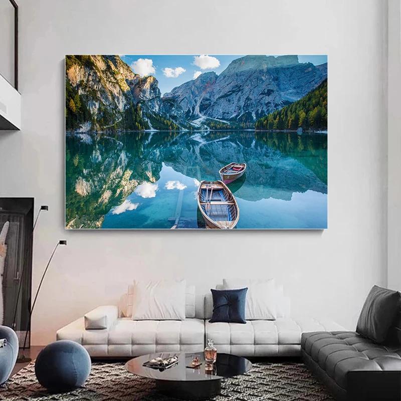 Mountains At Lake Nature Beautiful Scenery Poster Sea Boat Landscape Canvas Painting Wall Art for Living Room Home Decor