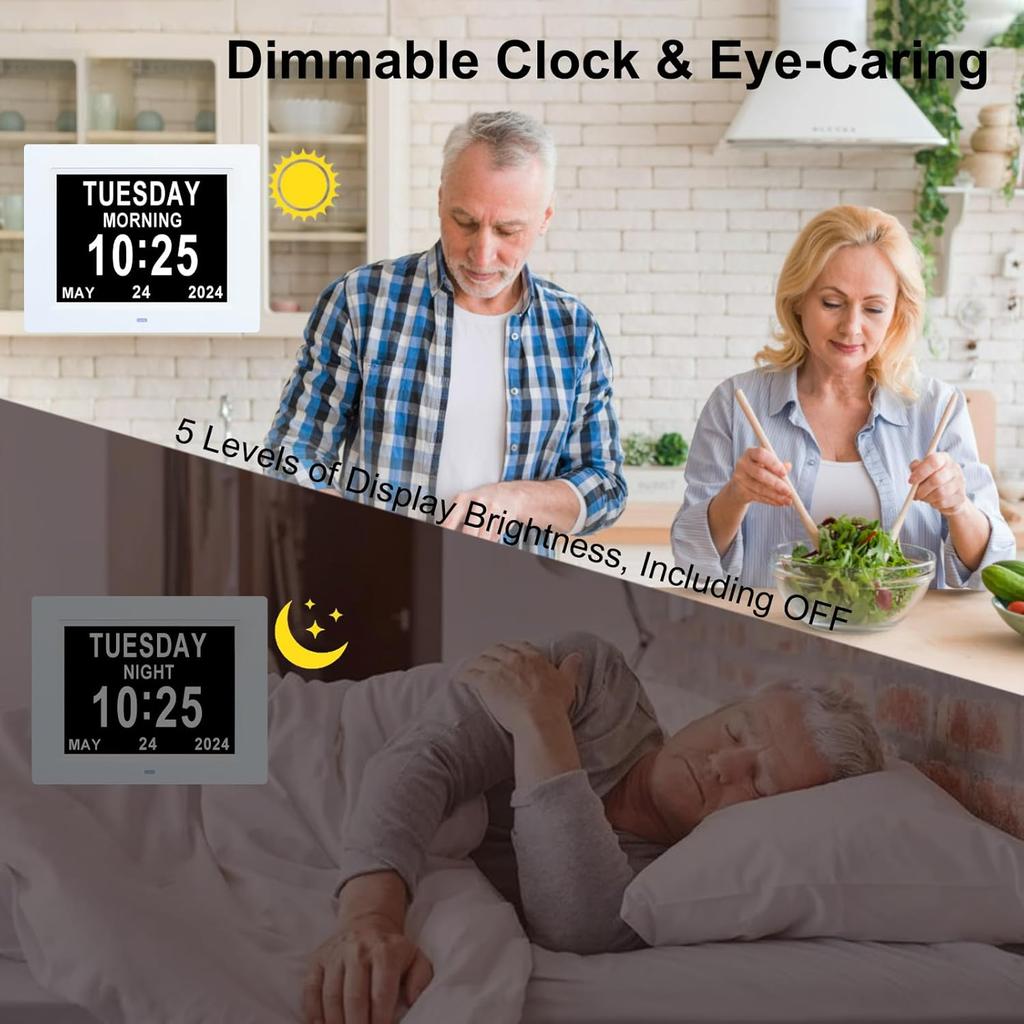 TMC 2025 New Digital Clock for Seniors, Large Display Calendar Dementia Clock with Date, Day & Week, 3 Medication Reminders+ 5 Alarms, SD Card Video,