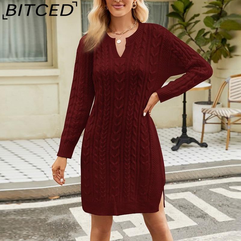BITCED Осенне-зимнее вязаное платье миди с перекрученным узором, однотонное, с разрезом по подолу, свободного кроя, пуловер, женское шерстяное платье