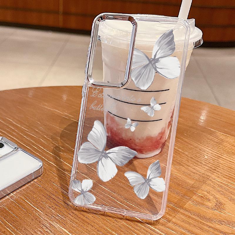 Butterfly Pattern Clear Case For Samsung Galaxy S24 S22 S23 Ultra S21 FE A35 A53 A54 A55 A15 Plating Lens Frame Soft Phone Cover