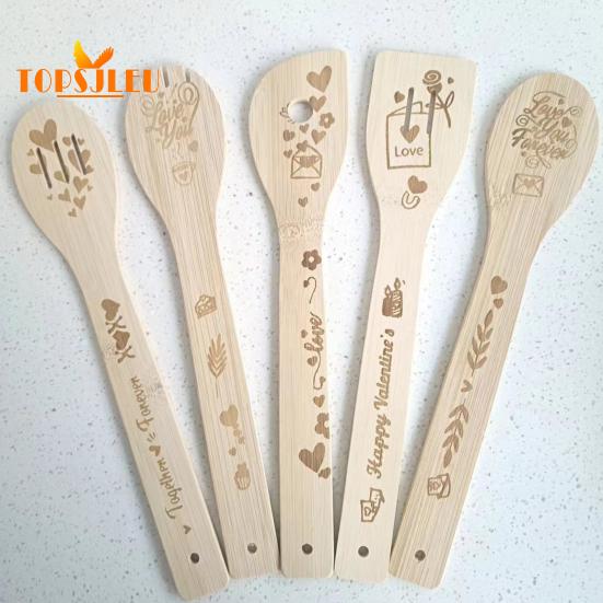5 шт. бамбуковые кухонные ложки с гравировкой, забавный узор, гладкая поверхность, прочная деревянная лопаточка, кухонная утварь с длинной ручкой