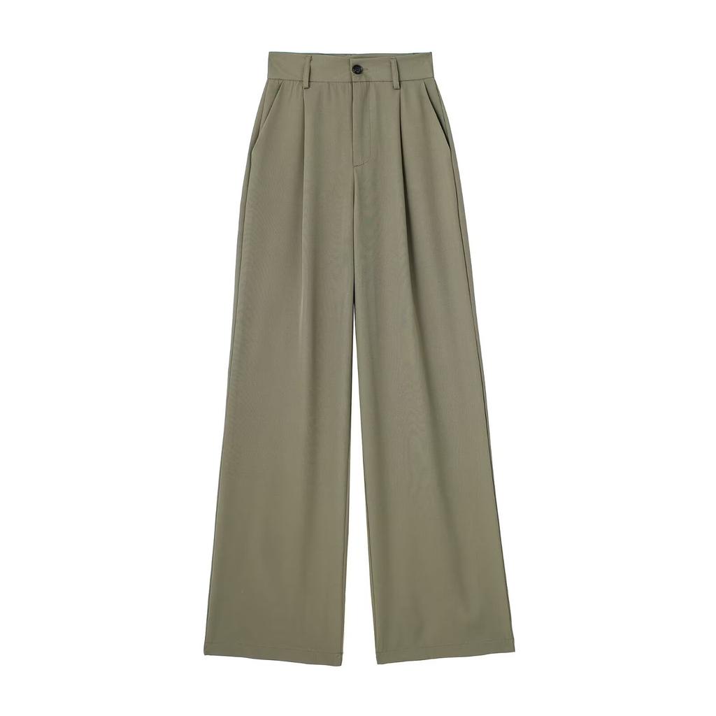 Women Fashion Solid Pleated Front Zipper Wide Leg Pants Vintage High Waist Full Length Female Chic Lady Trousers