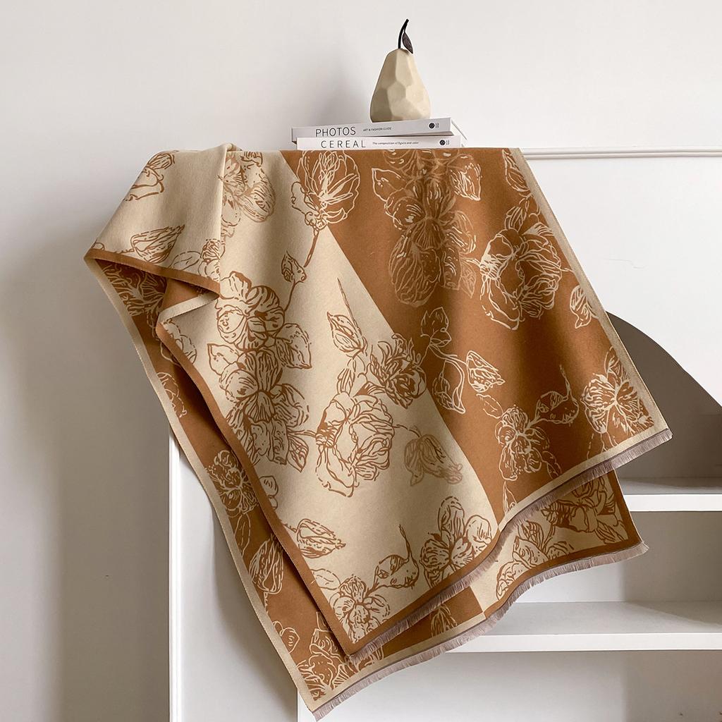 Printed Splicing Flowers Double-sided Imitation Cashmere Scarf Winter High-end Warm Shawl