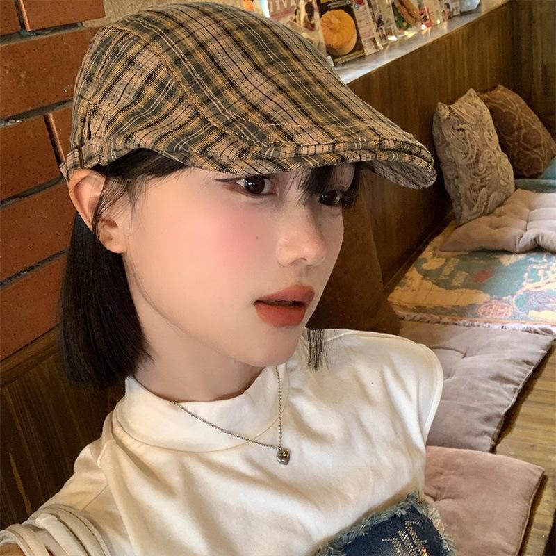 Japanese Contrasting Color Plaid Forward Hat Female Summer Thin Can Wear Personalized Beret Street Painter Newsboy Hat Male