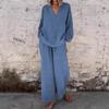 Women's Light Blue V-Neck Loose Fit Top and Wide Leg Pants Set, Casual Cotton Linen Outfit
