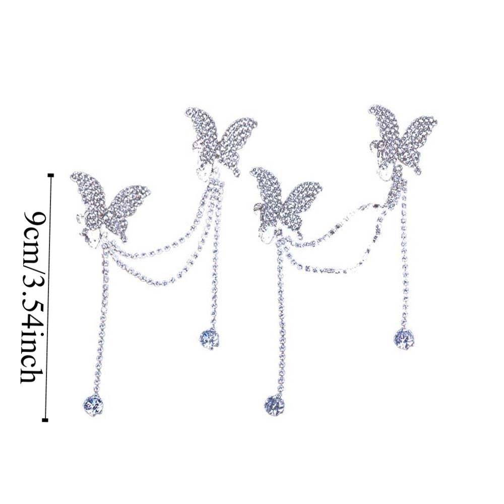1 pair Luxury Rhinestone Butterfly Earrings Alloy Jewelry Silver Tassel Ear Clip Elegant Inlaid Design
