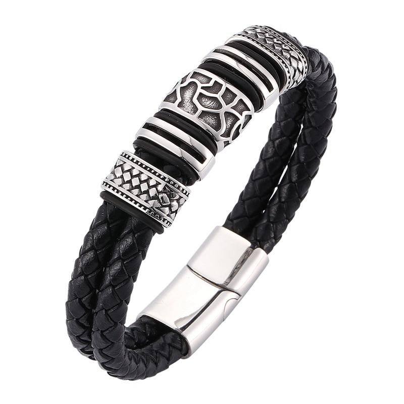 Genuine Braided Men Leather Bracelet Charm Stainless Steel Bracelets Fashion Jewelry Male Gift