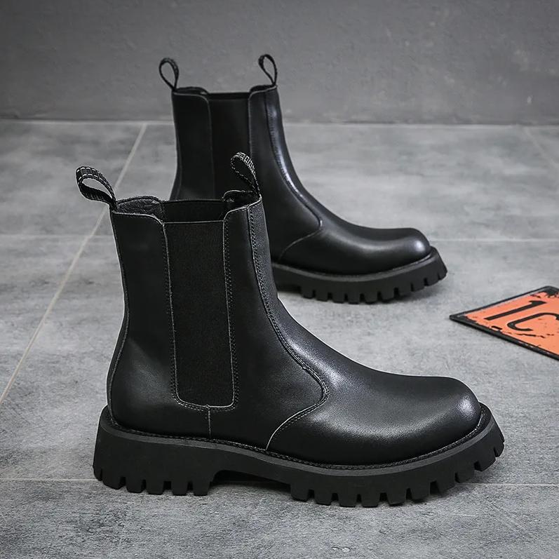 Мужская мода сцена ночной клуб мотоциклетные ботинки дизайнерская обувь черно-белые челси ботинки мягкая кожа платформа короткие боты