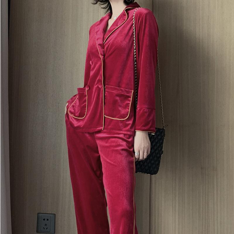 Золотая бархатная пижама, женская винтажная элегантная корейская шикарная одежда для сна с отложным воротником, базовая повседневная зимняя теплая домашняя одежда, тренд