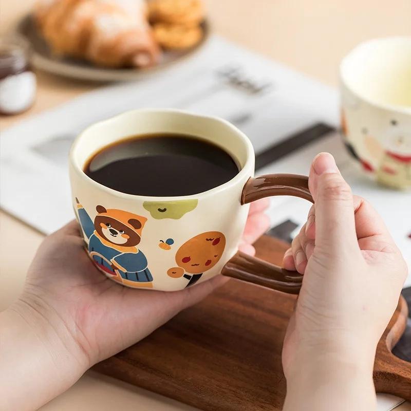 350 мл Мультяшные расписанные вручную чашки для кофе с кроликом и медведем, нерегулярная керамическая кружка, большая ручка, чашка для молока и воды для дома и офиса, детские подарки