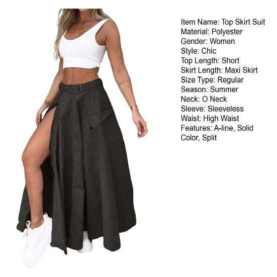 2 шт./компл., женский комплект с верхней юбкой, короткий топ без рукавов с глубоким вырезом и высокой талией, макси-юбка трапециевидной формы с разрезом и поясом, однотонная уличная одежда, укороченная клубная одежда для вечеринок