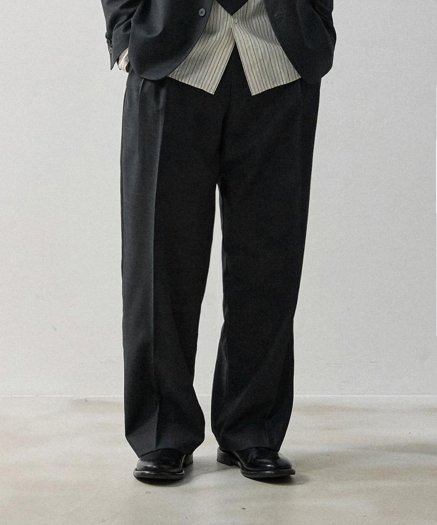 ASP Wool Blended Wide Two-Pleat Slacks - Deep Charcoal