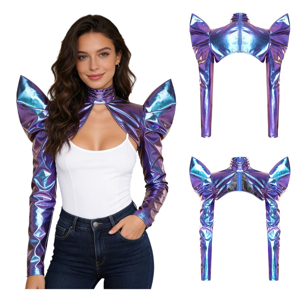 S-XL Women Glitter Rainbow Metallic Bolero Open Front Turtleneck Long Sleeve Back Zipper for Dress Up Halloween Party