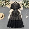 French Black Lace Round Neck A-line Party Dress for Women's Summer New Fashion Short Sleeve Slim Long Maxi Dresses