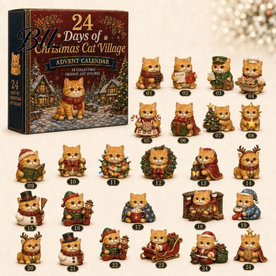 24 Day Christmas Countdown Cat Advent Calendar, with Cute Ornaments, Calendar 2D Acrylic Kitty Holiday Decorations, Gift for Kids, Party Favors Gifts