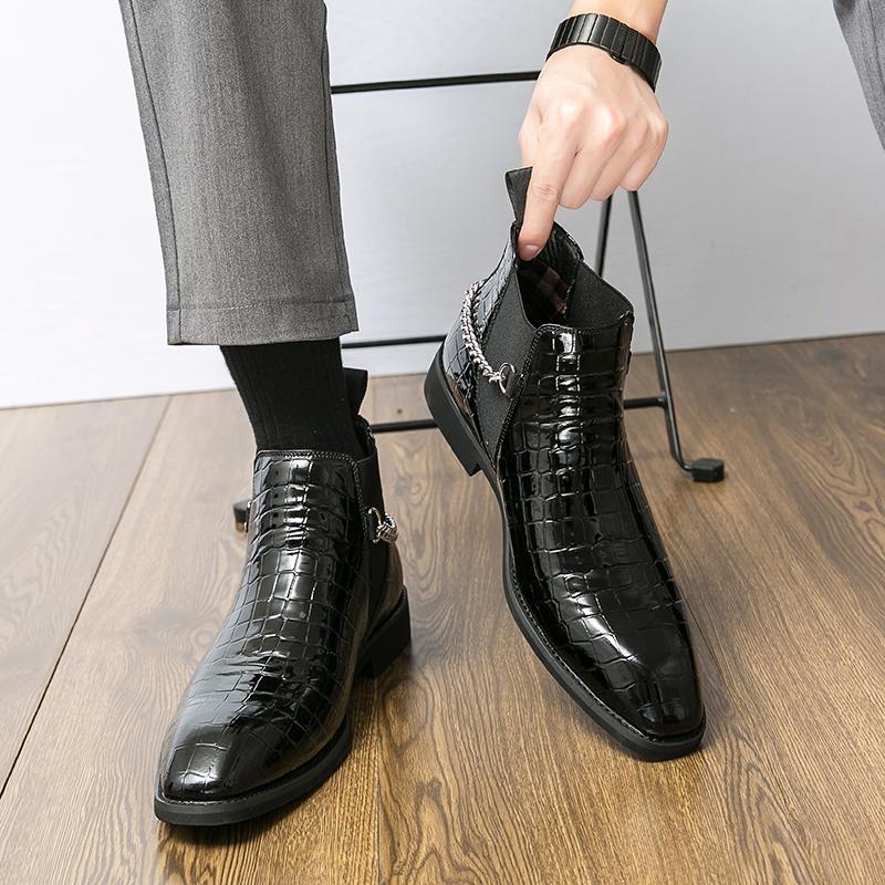 Итальянский стиль эластичная цепь дизайнерские ботинки челси для мужчин деловой круглый носок мужские ботильоны на платформе повседневная обувь мужская обувь