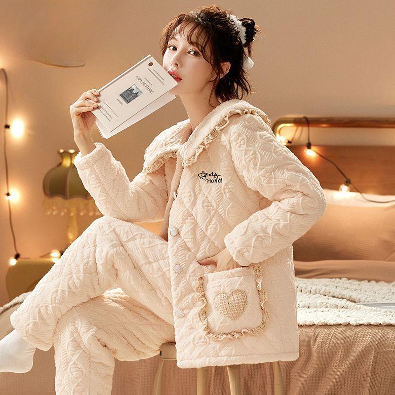 Коралловая бархатная пижама женская зимняя трикотажная стеганая куртка из толстой фланели корейский кашемировый женский комплект домашней одежды можно носить на улице