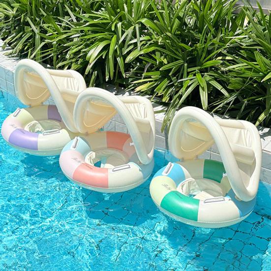 Baby Pool Float with Canopy Vintage Striped Inflatable Swim Ring with Safety Seat