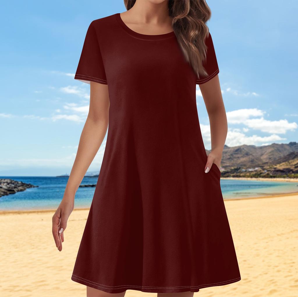 Женские повседневные платья с однотонным принтом, летние платья с коротким рукавом и круглым вырезом