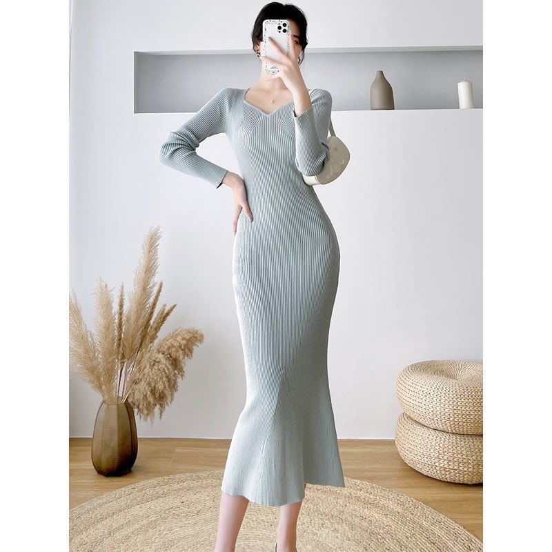 Осенне-зимнее новое облегающее и тонкое вязаное платье женское пальто средней и длинной длины выше колена свитер юбка