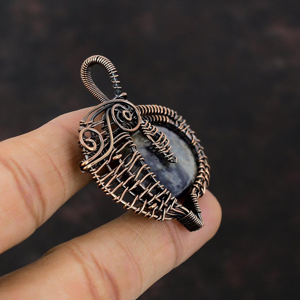 Подвеска из солнечного камня иолита, медная проволока, обернутая драгоценным камнем высшего качества, медная бижутерия, подвеска ручной работы, обернутая проволокой, ювелирное изделие, подарок для женщин