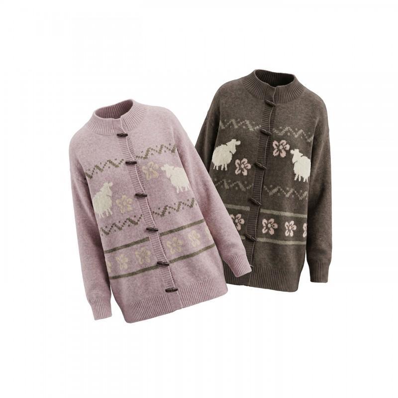 HeyHenry Vintage Sheep Jacquard Cardigan Women Loose Knit Coat Fall Winter Lazy Style Horn Button Sweater