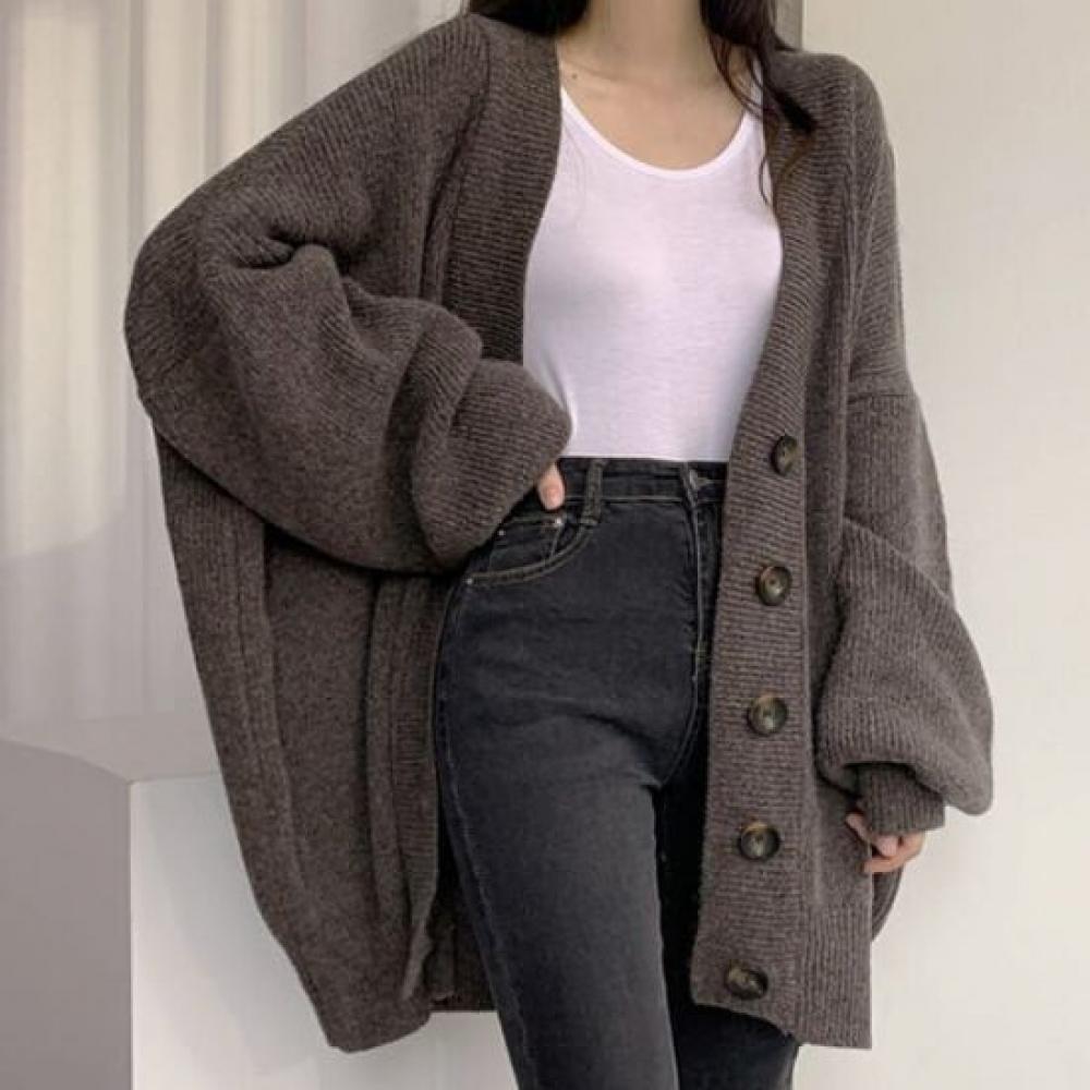 Navava Women Simple Daily Loose Fit Long Sleeve Knit Cardigan Nk2647