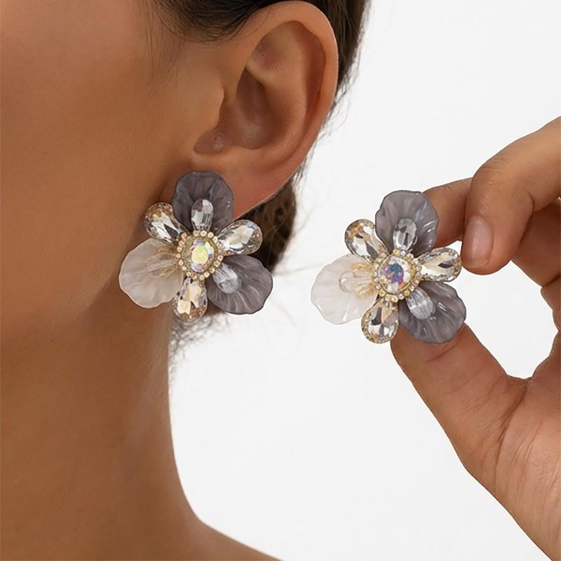 2026 Floral Earrings Women Handwoven Multi-Layer Petal Design With Full Rhinestone Accents Sterling Post