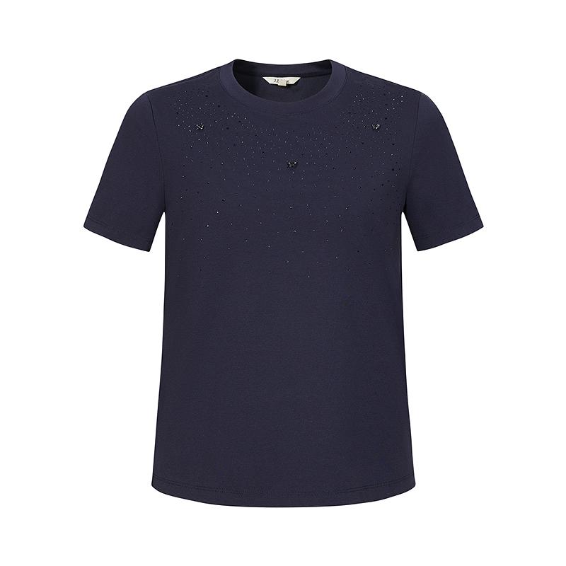 JUZUI Casual Relaxation Heavy Duty Hot Diamond Round Neck T-shirt for Women