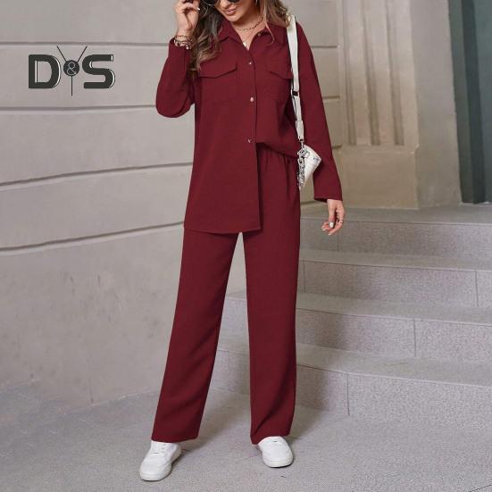 2 Pcs/Set Fall Spring Women Shirt Pants Set Long Sleeves Lapel Button-down Blouse with Chest Pocket Elastic Waist Trousers OL Commuting Sport