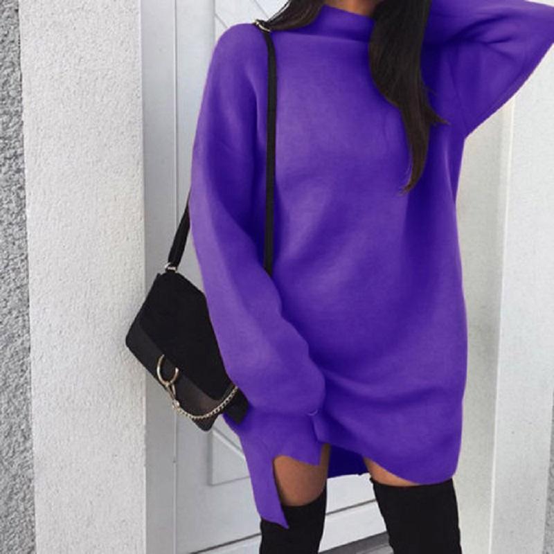 Winter Warm Long Sleeve Women Knitted Slit Sweater Dress  Turtleneck Sweaters  Female Clothes