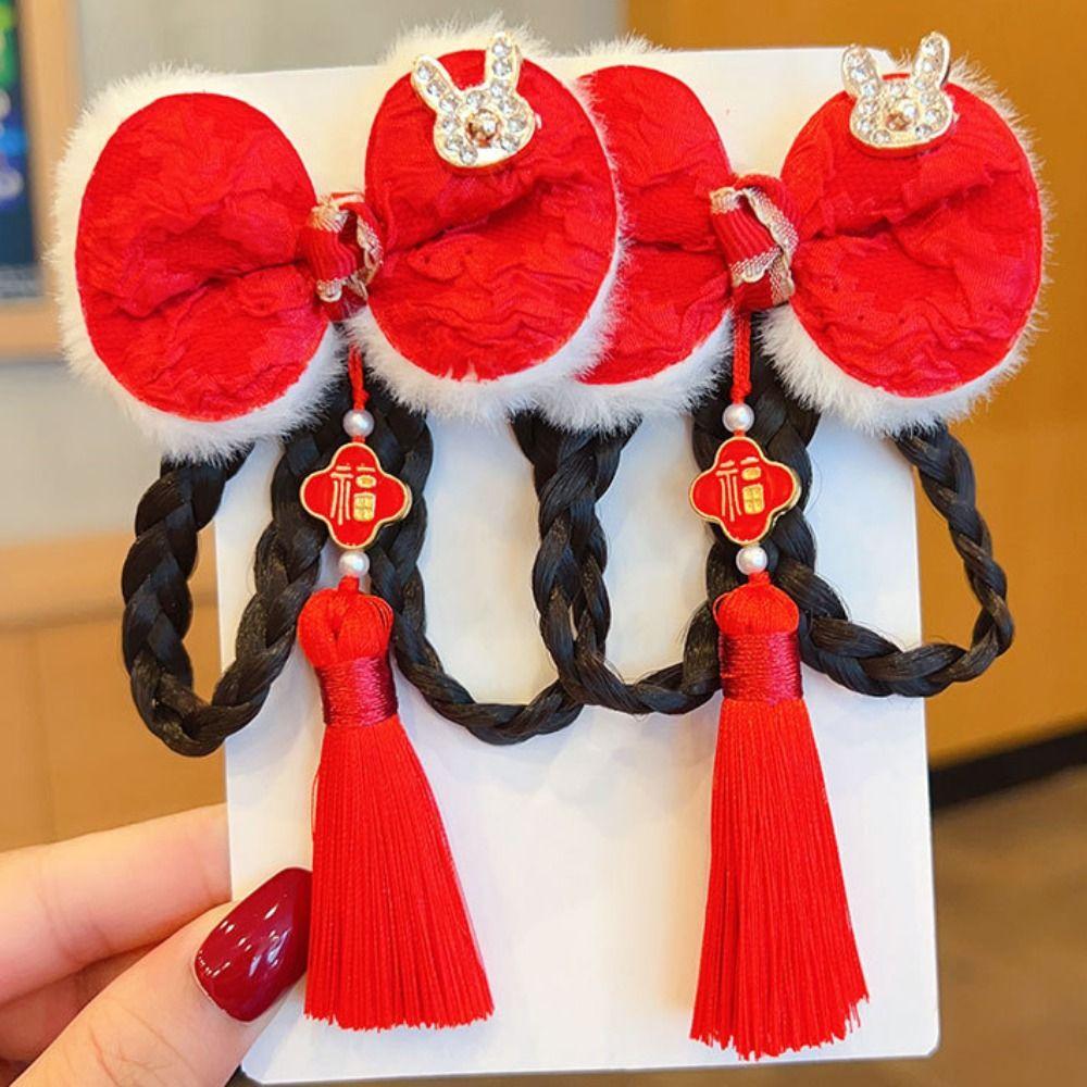2 шт. Детский головной убор Парик Коса Заколка Кисточка Ханфу Головной убор Красный бант Заколка для волос Праздничный на Новый год