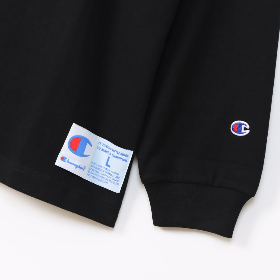 Длинный свободный крой с длинным рукавом и вышитым логотипом One Point, круглый вырез, хлопок, США, RelaxFit с длинным рукавом и вышитым логотипом One Point, стиль действий, черный, размер L [Champion]