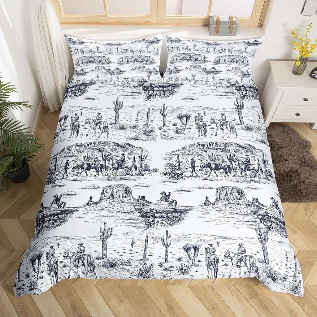 Пододеяльник Западный Ковбой Кинг-сайз Пустынный Кактус Корова Лошадь Животное Постельное Белье Набор Для Детей Мальчиков Девочек Взрослых Украшение Комнаты 3 шт.