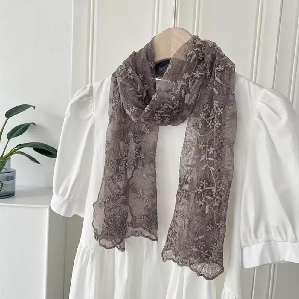 Versatile Retro Women's Lace Scarf Korean Version of Literary Embroidered Flower Neck Protection Scarf Long Female Headscarf