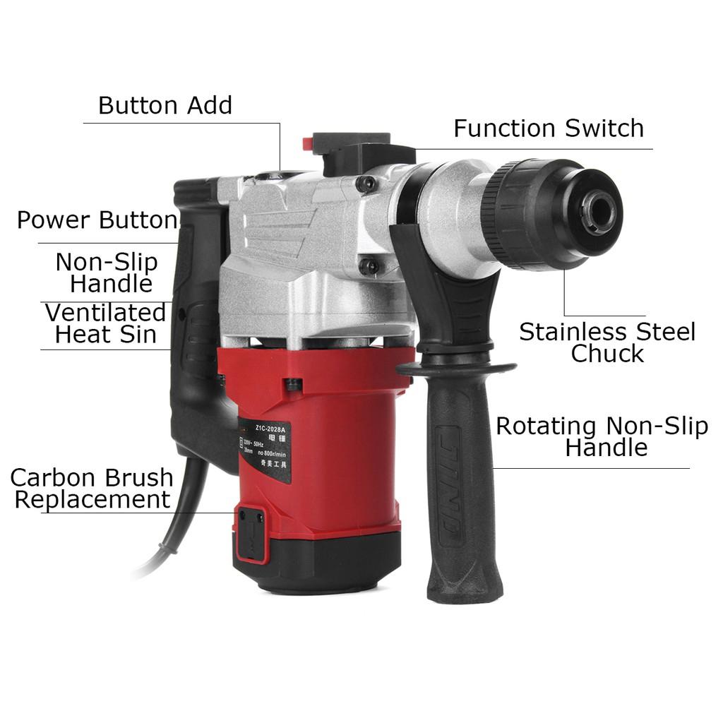 220V Electric Demolition Jack Hammer Rotary Jackhammer Electric Concrete Drill + 4 Chisels 5200BPM 1850W