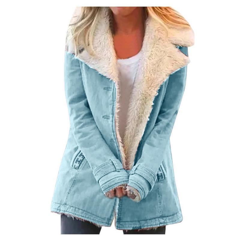 Winter Solid Color Plush Lapel Mid Length Solid Color Women's Long Sleeved Jacket