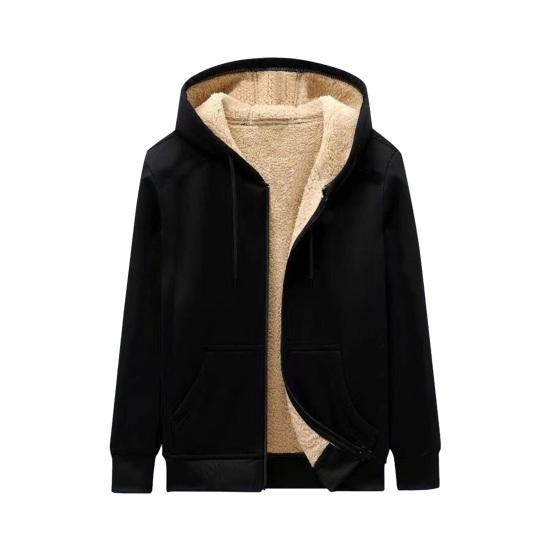 Men Fall Winter Hoodie Thick Fleece Lined Hooded Long Sleeves with Pockets Solid Color Loose Elastic Cuffs Drawstring Jacket Couple Sport Coat